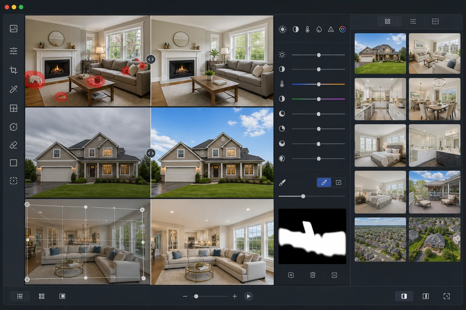 AI real estate listing photo workflow removing room clutter, recovering window detail, replacing overcast skies, correcting perspective, and exporting MLS-ready property gallery images