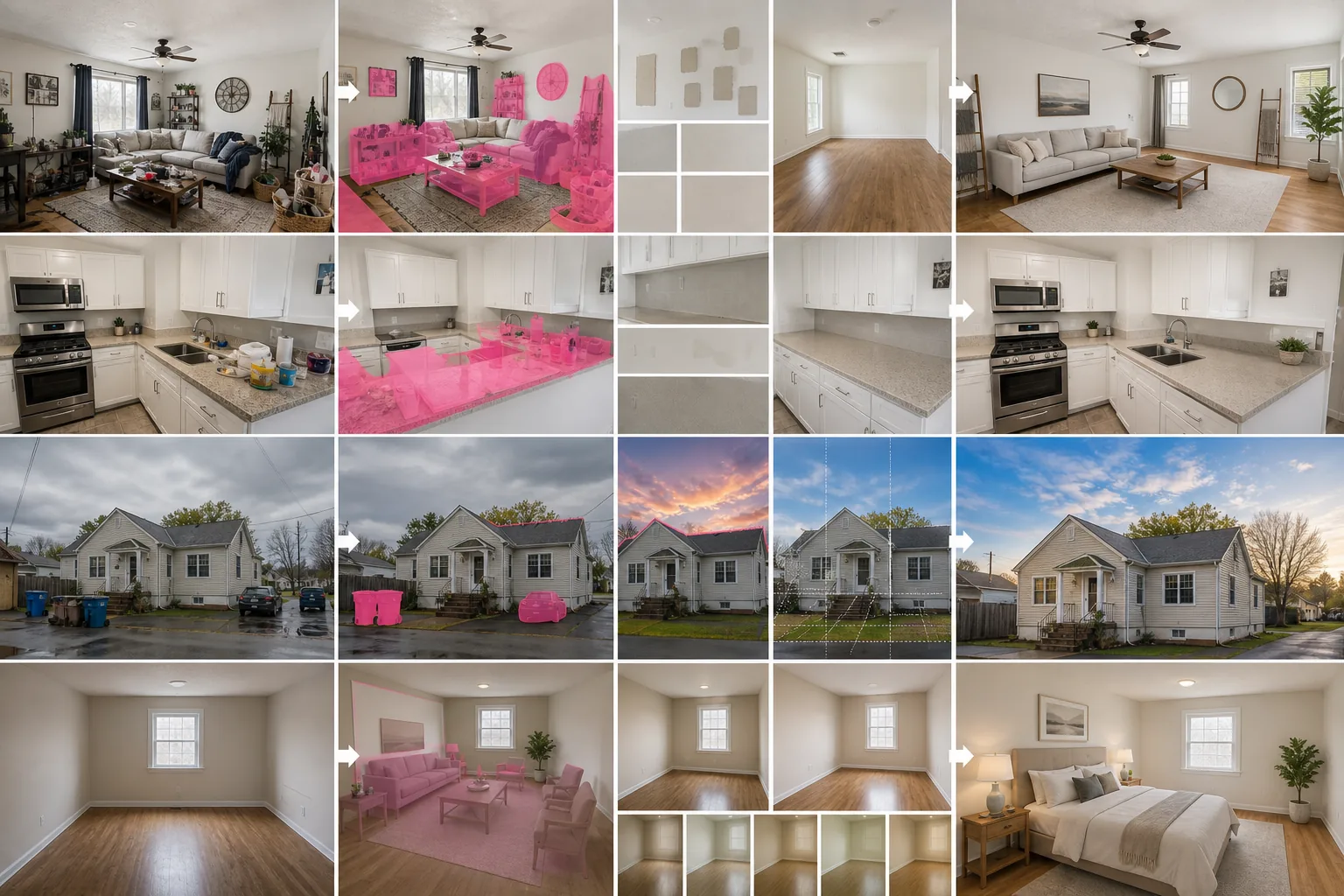 Real estate photo editing workflow showing interior decluttering, exterior cleanup, sky replacement, and virtual staging