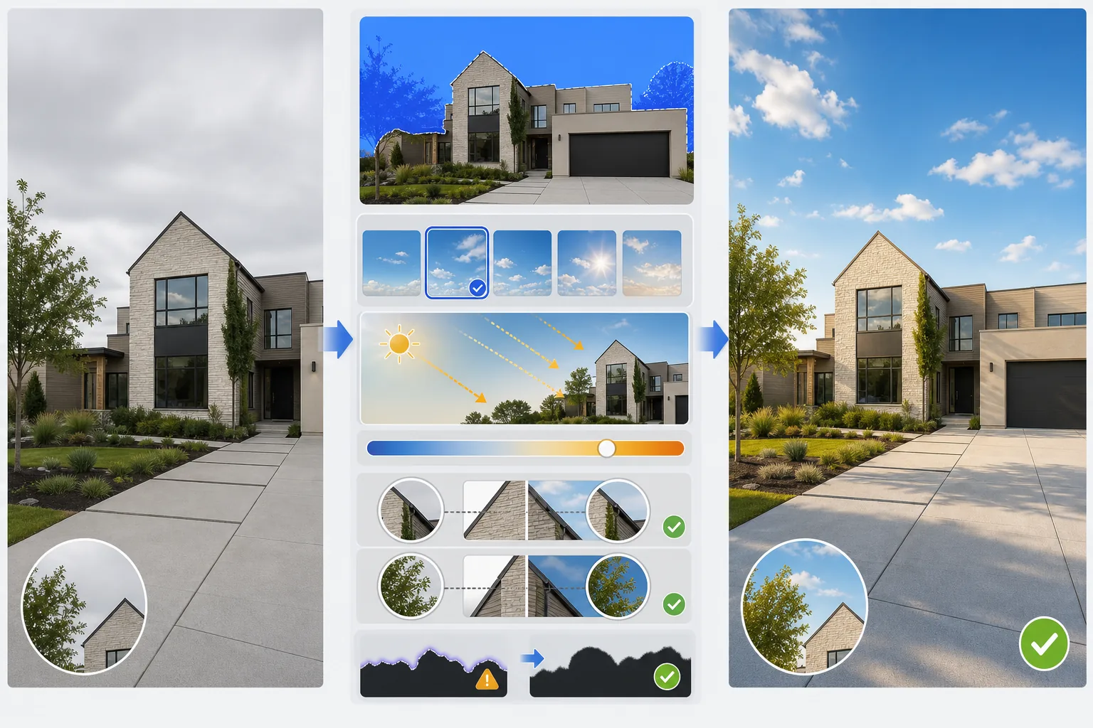 Real estate sky replacement workflow showing AI sky masking, sun direction matching, temperature adjustment, edge refinement, and a believable blue sky result