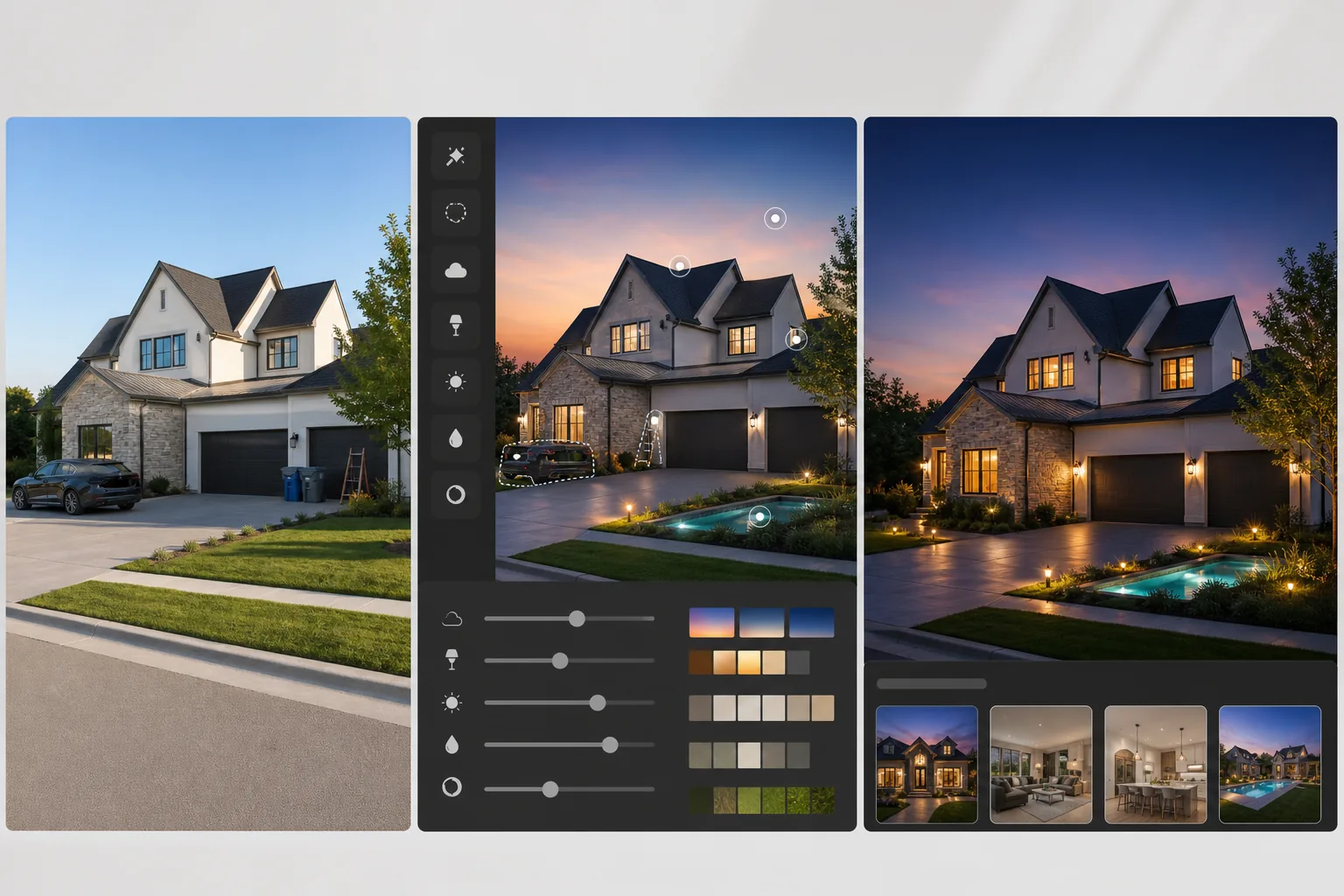 AI real estate twilight photo workflow converting daytime exteriors to blue-hour listing images with sky replacement, warm window glow, landscape lighting, and driveway clutter removal