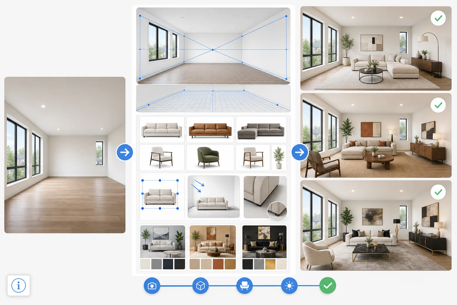 Virtual staging workflow showing empty room geometry analysis, furniture scale and shadow alignment, style options, and realistic staged listing results