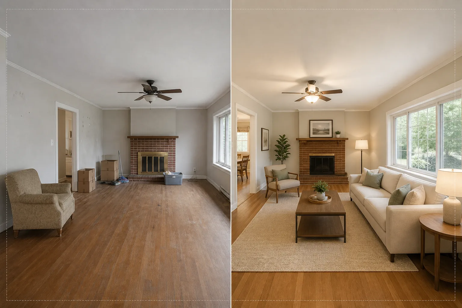 AI real estate virtual staging workflow removing room clutter, adding realistic furniture and decor, matching shadows, and preparing inviting MLS-ready listing photos
