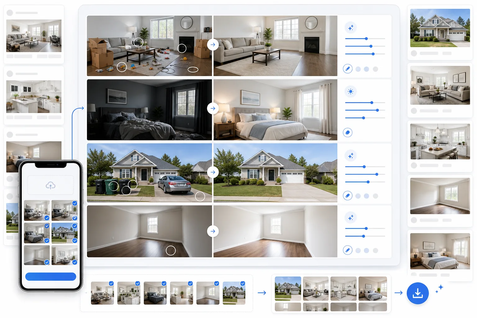 AI Redfin real estate photo workflow removing clutter from interiors, brightening dark rooms, cleaning exterior curb appeal, preparing empty rooms for virtual staging, and exporting polished property gallery images