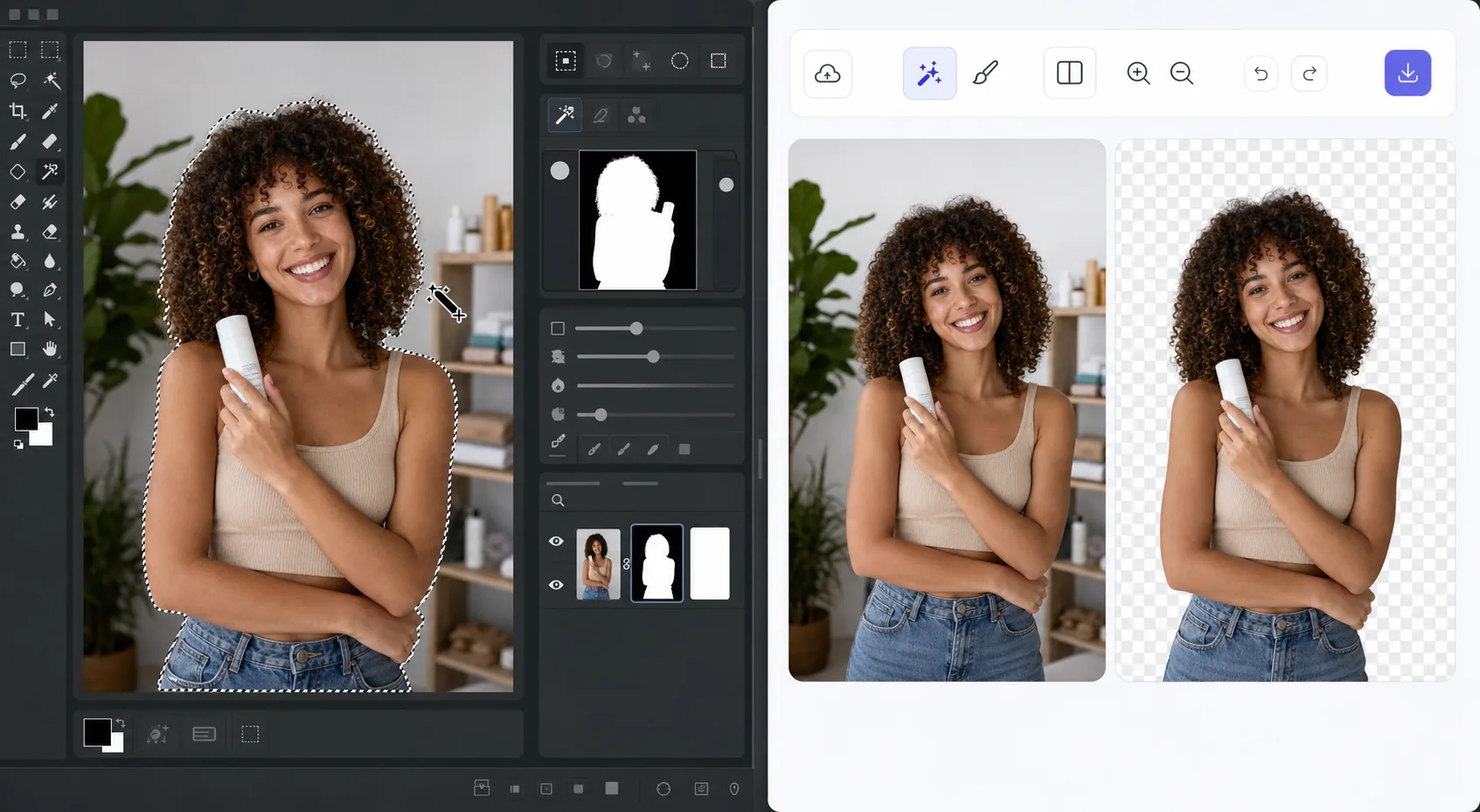 Background removal comparison showing manual layer masking beside a one-click AI cutout on a transparent checkerboard preview