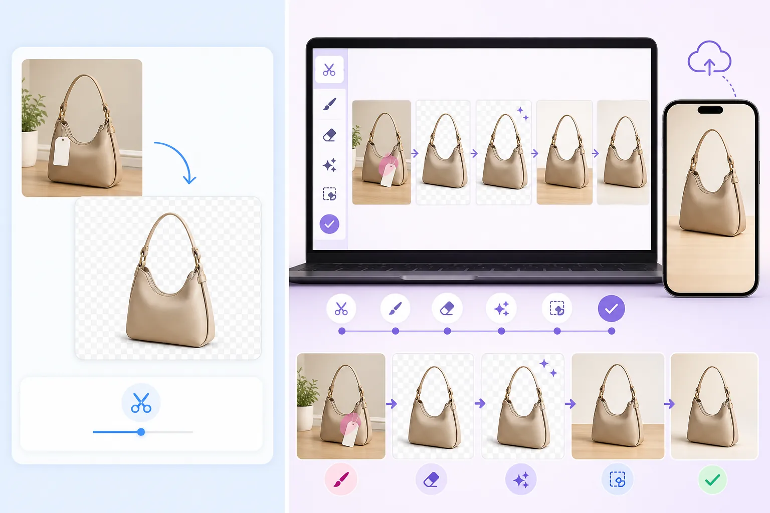 Comparison of background-only product cutout and a complete AI product photo cleanup workflow