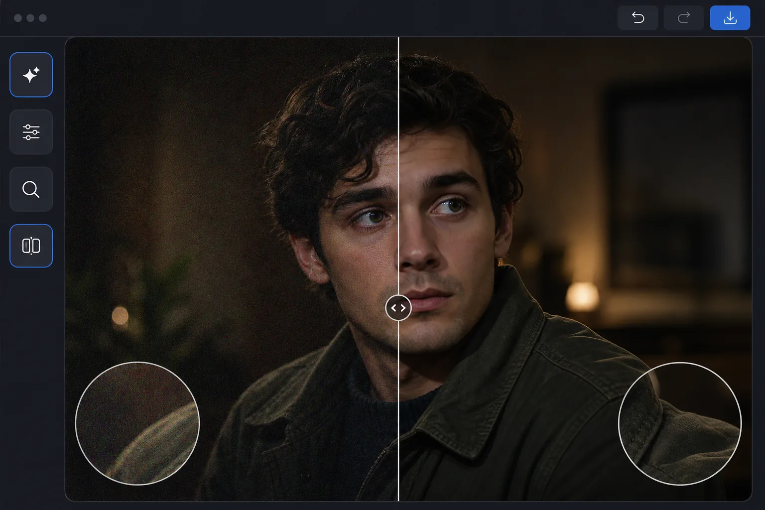 AI denoising workflow showing a grainy low-light portrait cleaned while preserving sharp facial and fabric detail