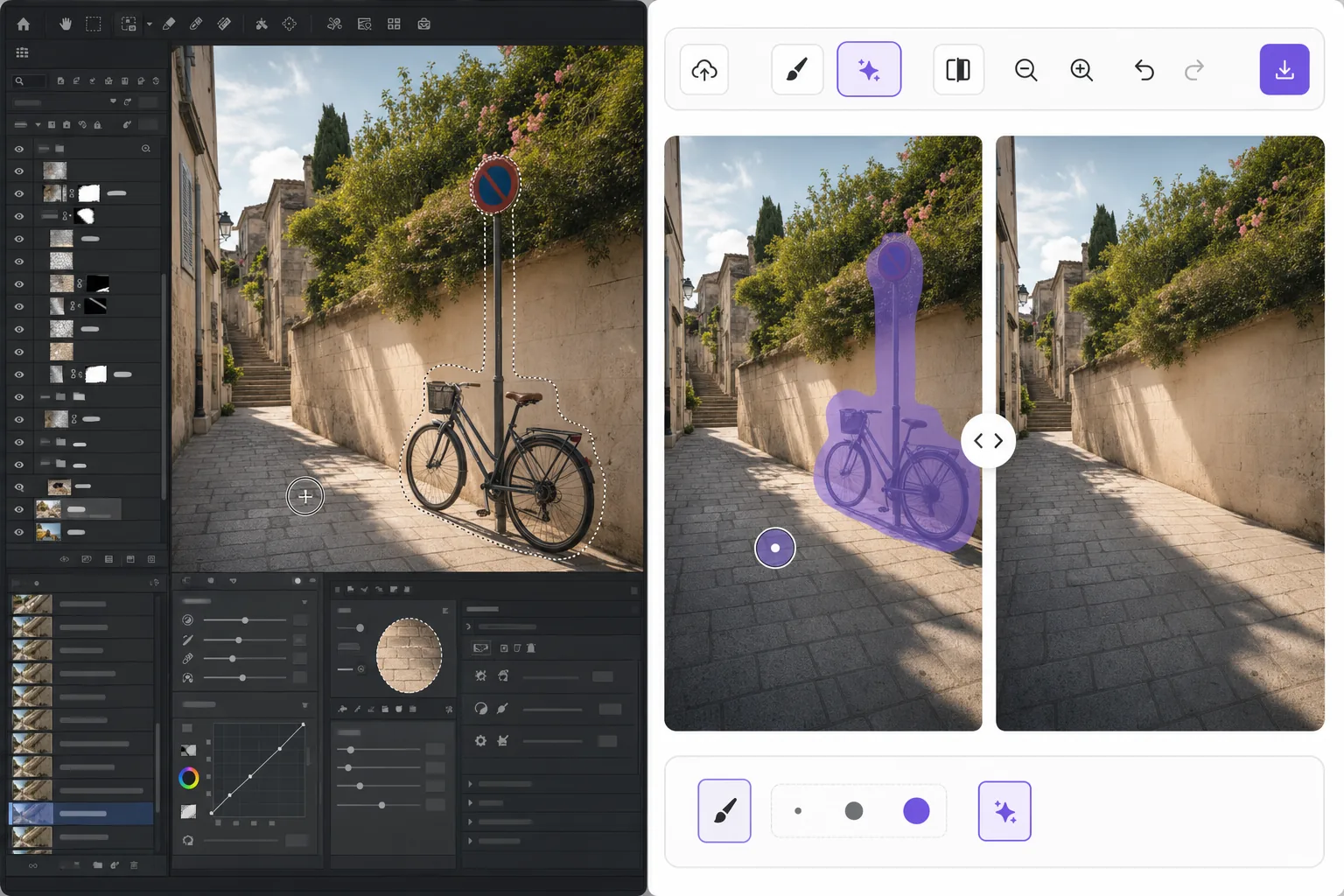 Object removal comparison showing a complex manual editor beside a simple AI brush workflow removing a bicycle and sign from a street photo