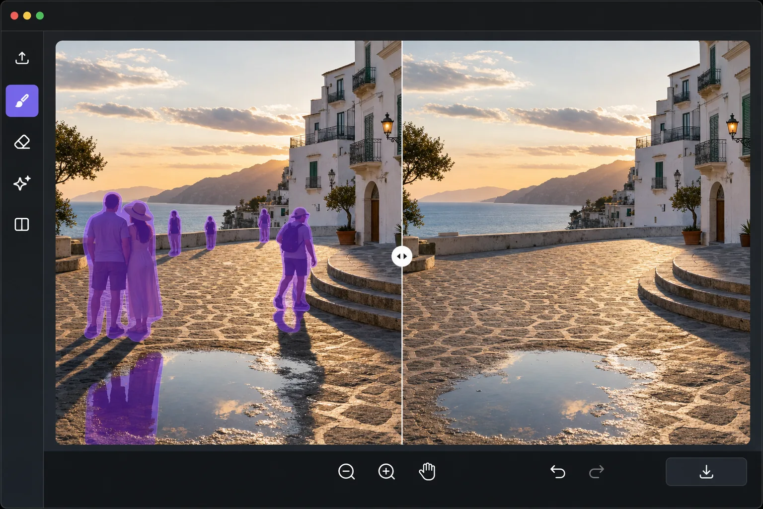Travel photo people removal workflow showing tourists shadows and reflections brushed from a seaside square with a clean AI-reconstructed preview