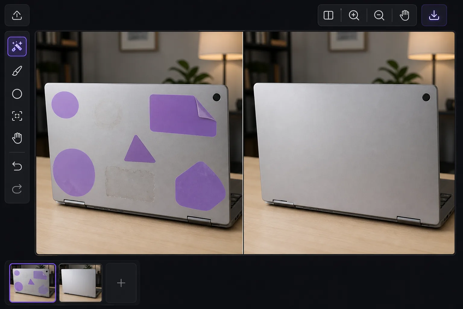 Laptop sticker removal workflow showing blank decals and adhesive residue brushed from a silver laptop lid with a clean AI-repaired preview