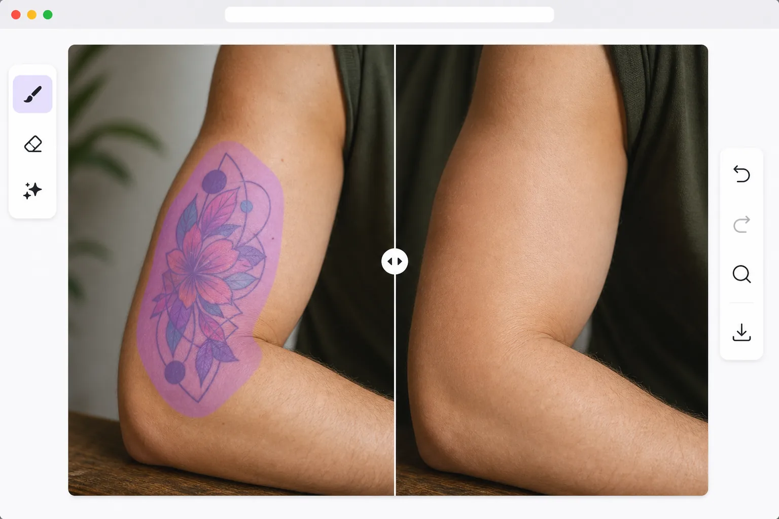 AI tattoo removal workflow showing a tattoo selected with a brush mask and natural skin reconstructed after removal