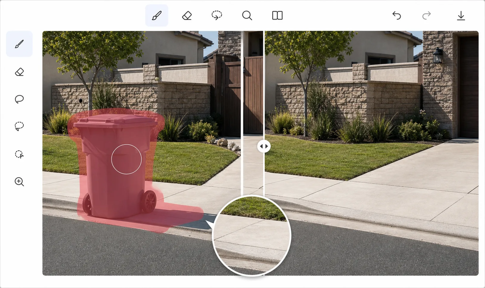 AI object removal editor showing a curbside trash can brushed out of a real estate exterior photo with sidewalk and lawn reconstructed
