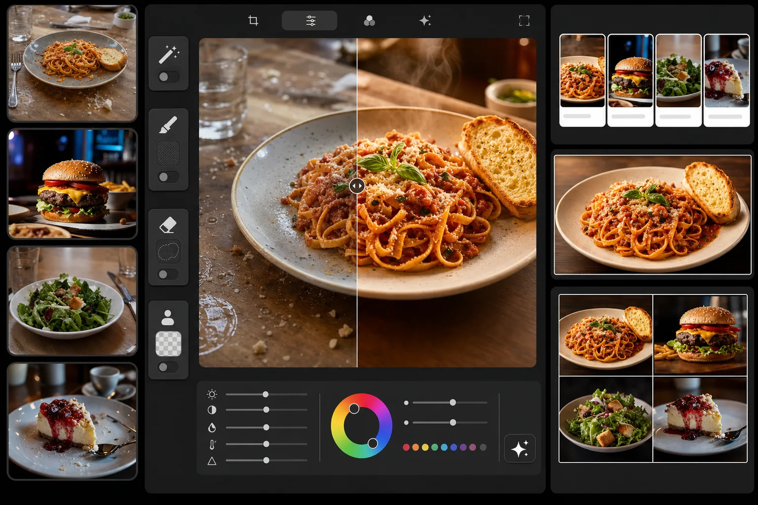 AI restaurant menu photo workflow removing table clutter and crumbs, isolating plated dishes, enhancing appetizing food colors, and exporting delivery-app thumbnails plus digital menu board images