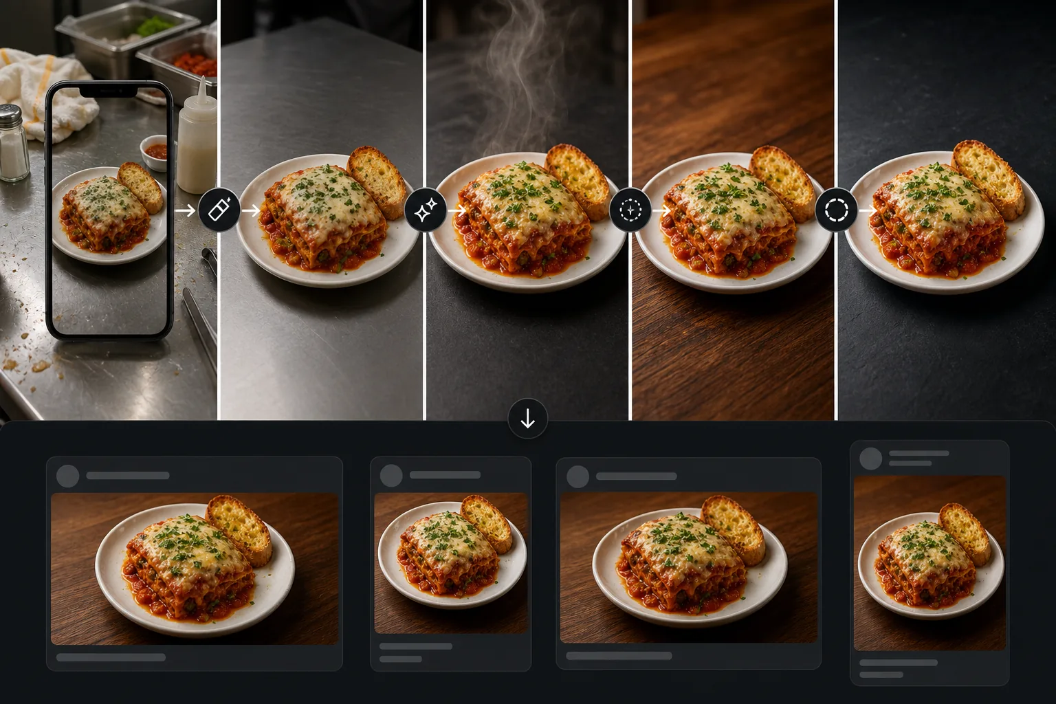 AI restaurant menu photo workflow cleaning prep-table clutter, enhancing dish detail, standardizing backgrounds, and exporting delivery platform crops