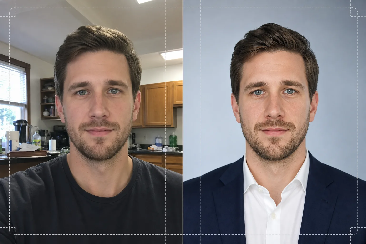 AI resume headshot workflow replacing a casual selfie background, balancing lighting, applying natural retouching, and preparing a professional 3:4 portrait crop