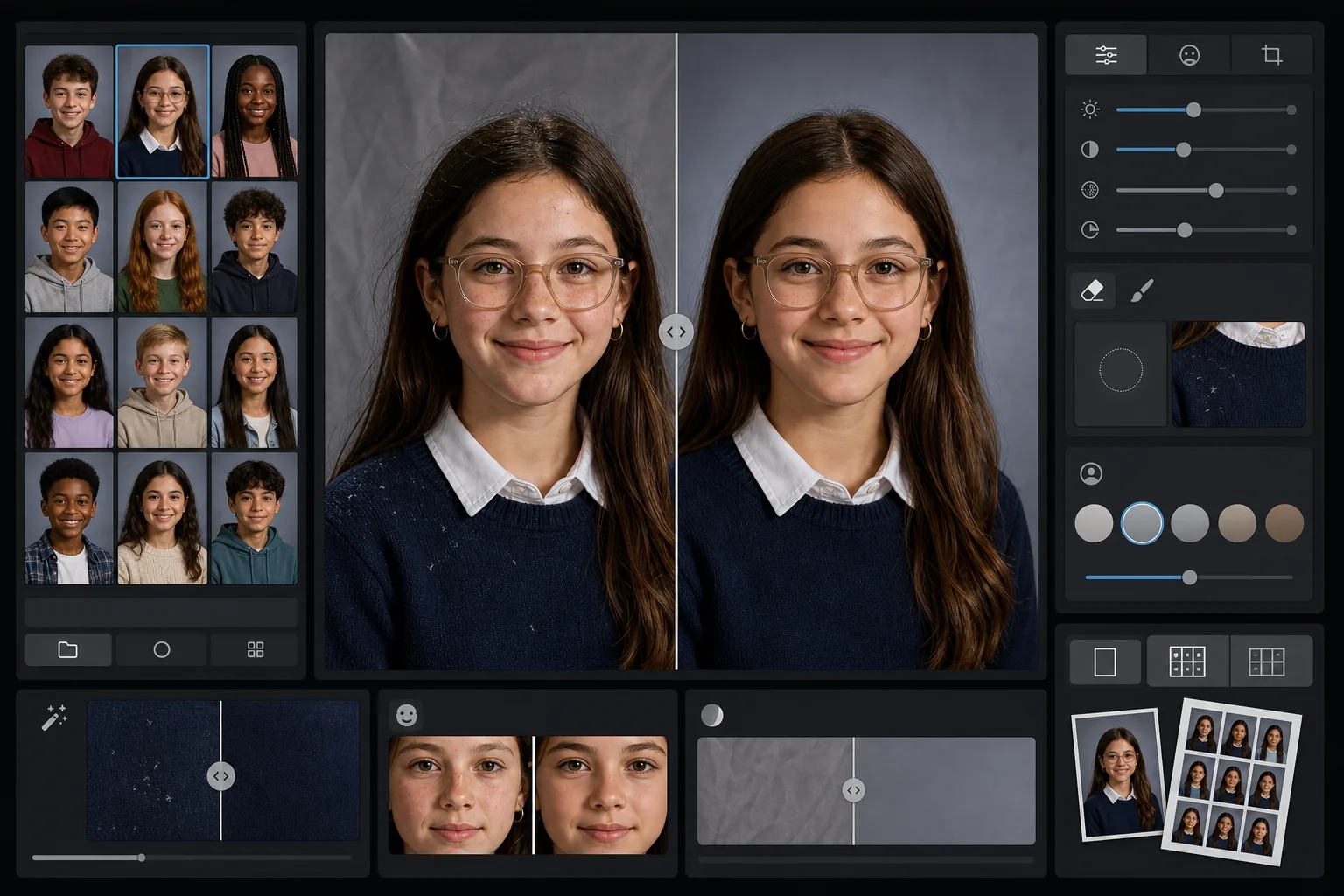 AI school portrait retouching workflow gently removing temporary blemishes, cleaning lint and backdrop wrinkles, normalizing exposure, and previewing consistent yearbook-ready portrait batches
