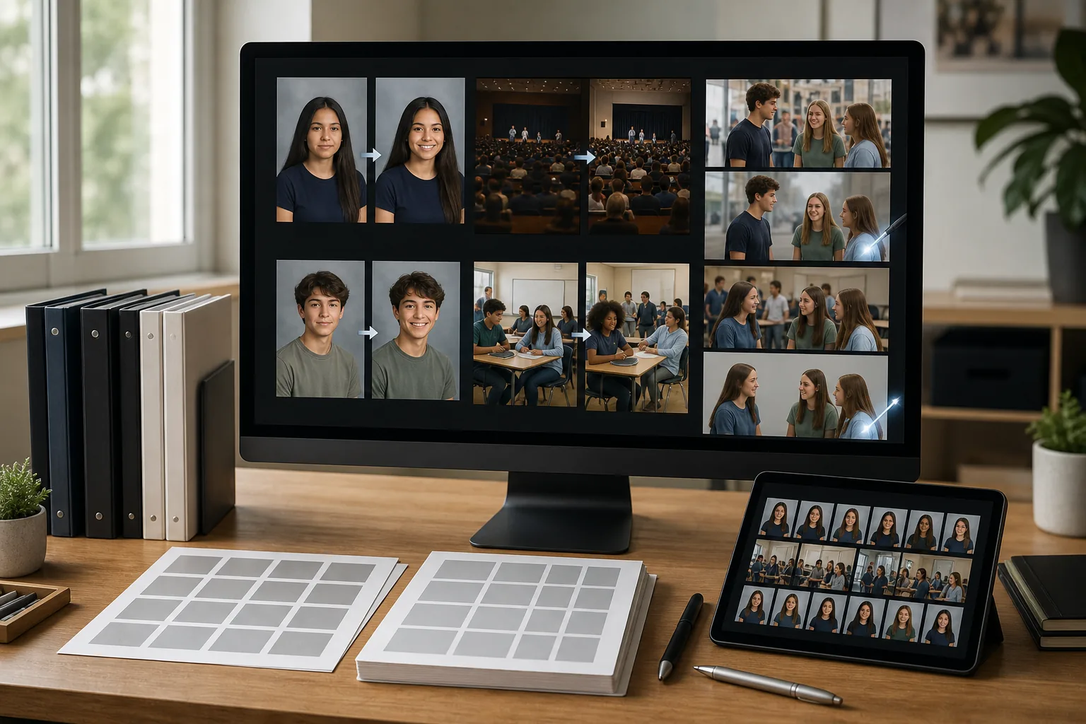 AI school yearbook production workflow standardizing portrait backgrounds, enhancing event photos, and cleaning candid images