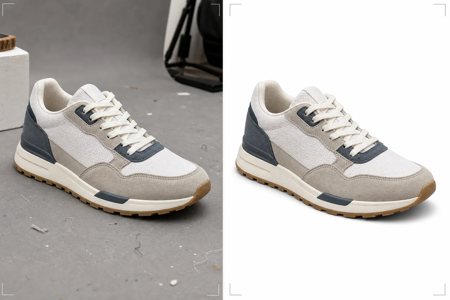 AI shoe product photo workflow removing cluttered backgrounds, refining mesh and lace edges, cleaning scuffs and dust, and sharpening material and sole tread detail