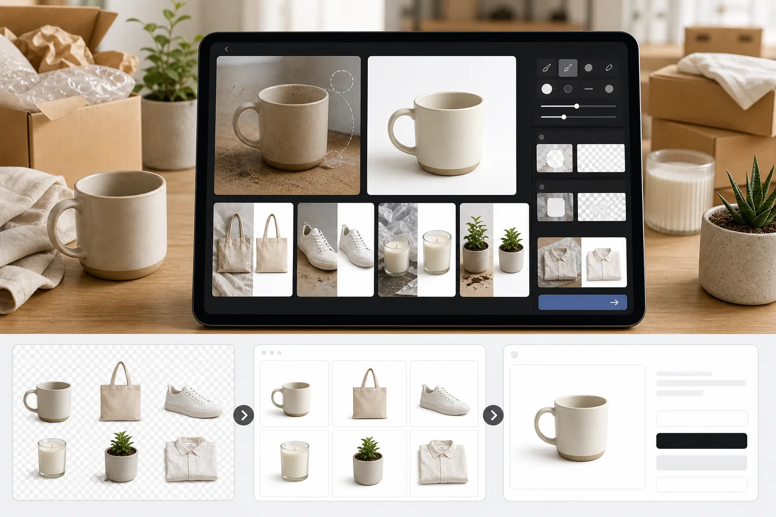AI Shopify product photo workflow removing backgrounds and imperfections, standardizing white catalog images, and preparing ecommerce listing visuals