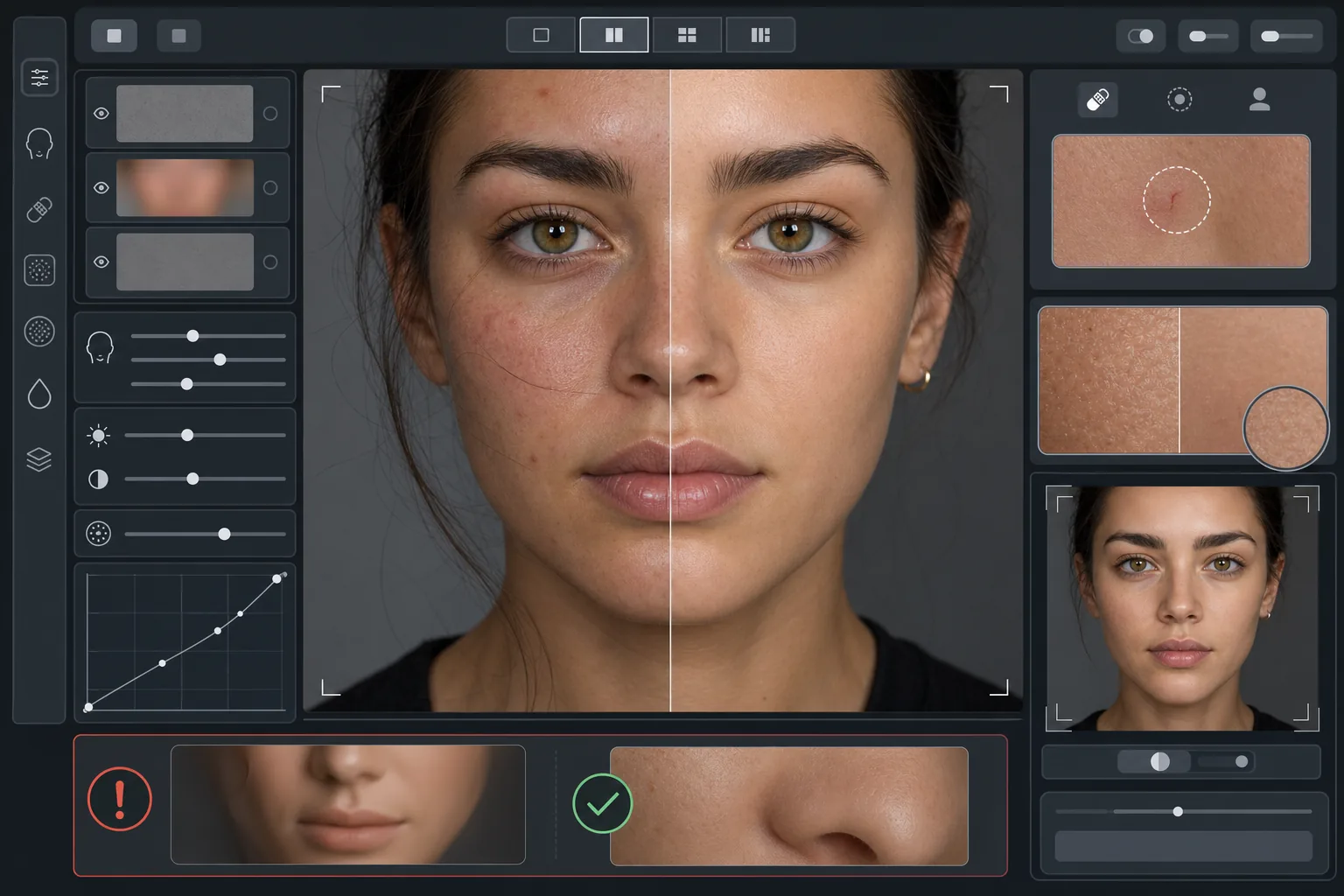 AI natural skin retouching workflow reducing temporary blemishes and redness, softening under-eye shadows, removing spot distractions, and preserving visible pores and skin texture
