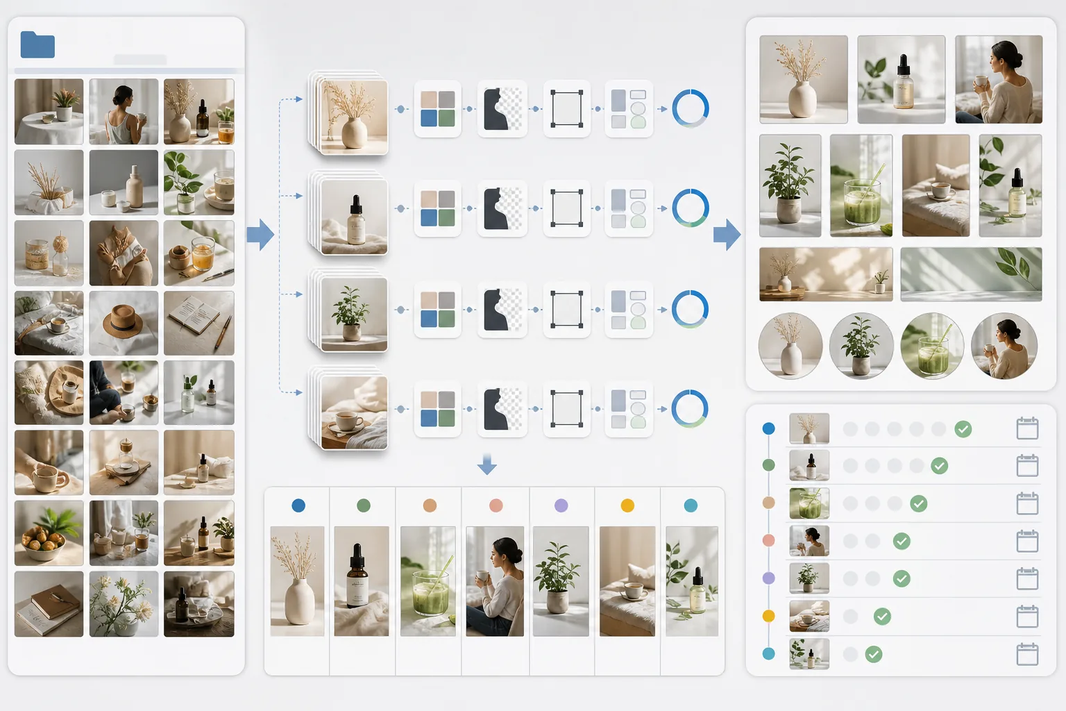 Social media content batching workflow showing raw photo folders, batch preset processing, weekly content planning, exports, and scheduling