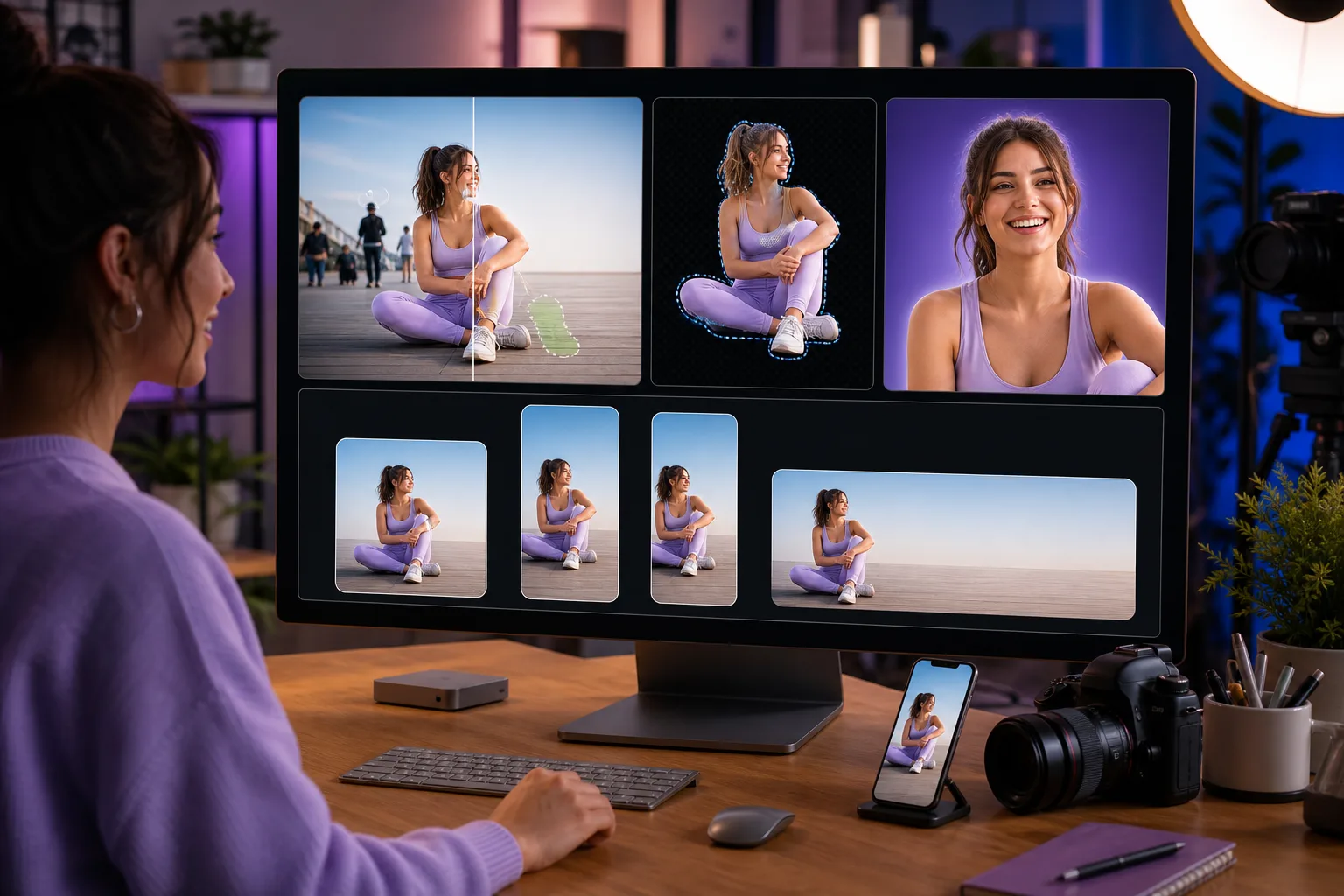 AI social media editing workflow removing distractions, isolating creators, swapping backgrounds, and exporting feed story and banner images