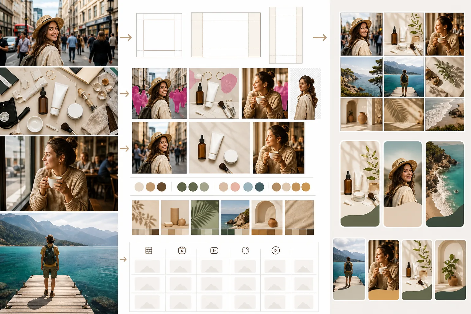Social media photo editing workflow showing platform crops, distraction cleanup, brand presets, batching, and vertical story layouts