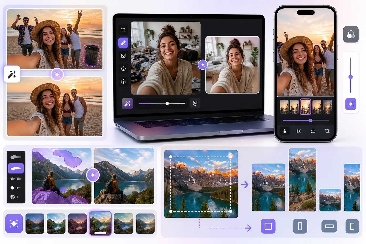 AI social media photo editing workflow removing photobombers, cleaning backgrounds, applying filters, and expanding formats