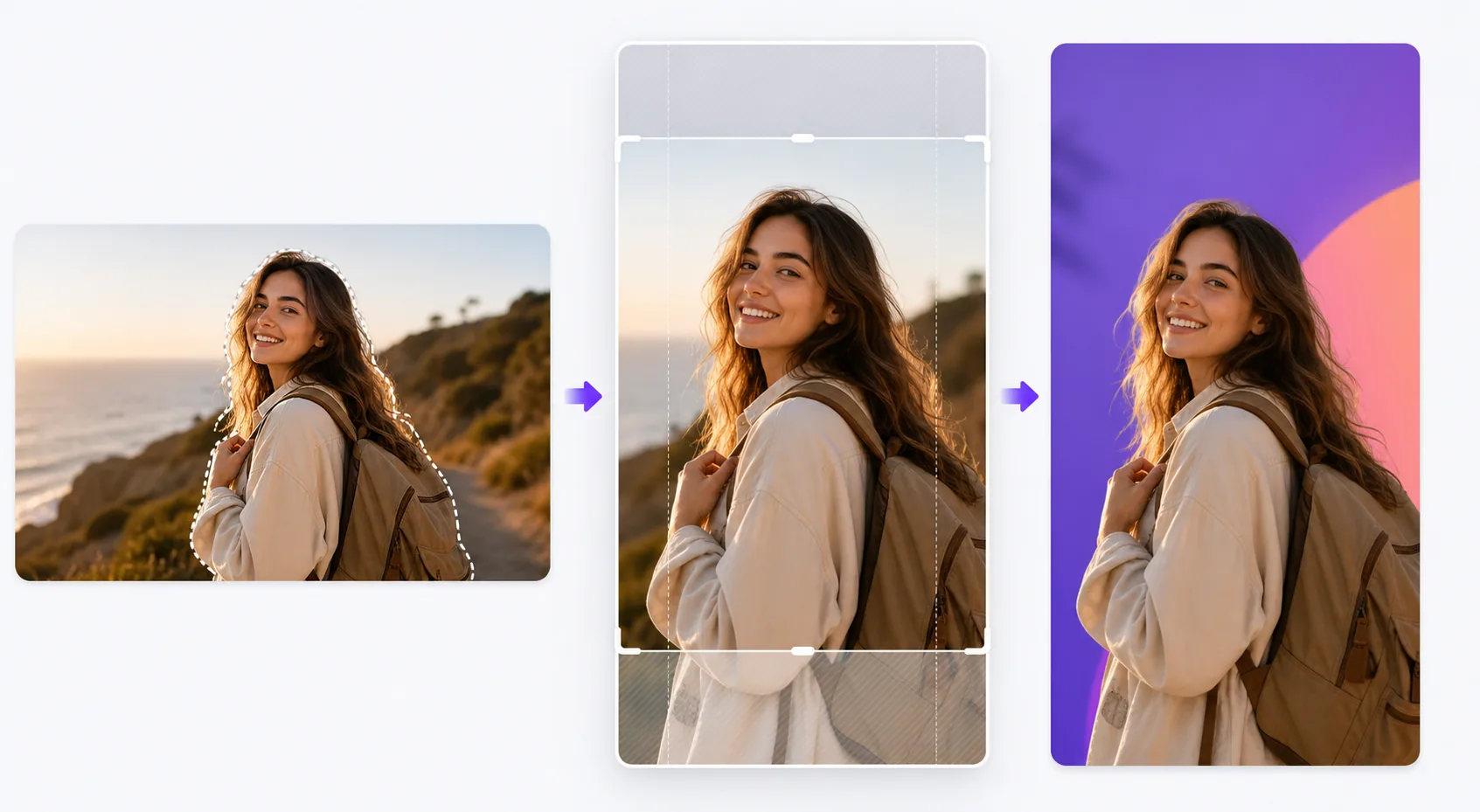 AI social media story template workflow reframing a horizontal photo into a vertical 9:16 story with subject cutout, safe-zone guides, and a bold replacement background