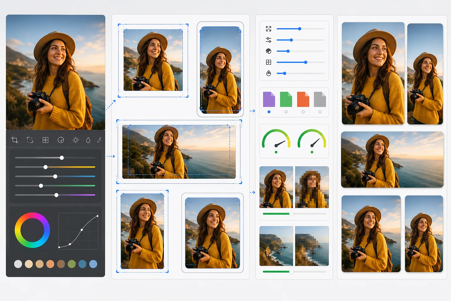 Social media image specs workflow showing one photo adapted into square, portrait, vertical, and landscape crops with export quality checks