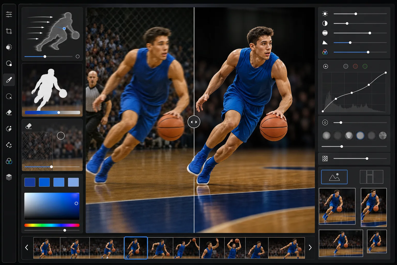 AI sports action shot workflow applying motion-aware deblur to a fast-moving athlete, cleaning fence and crowd distractions, adding natural telephoto bokeh, reducing noise, and enhancing uniform colors for publication-ready images