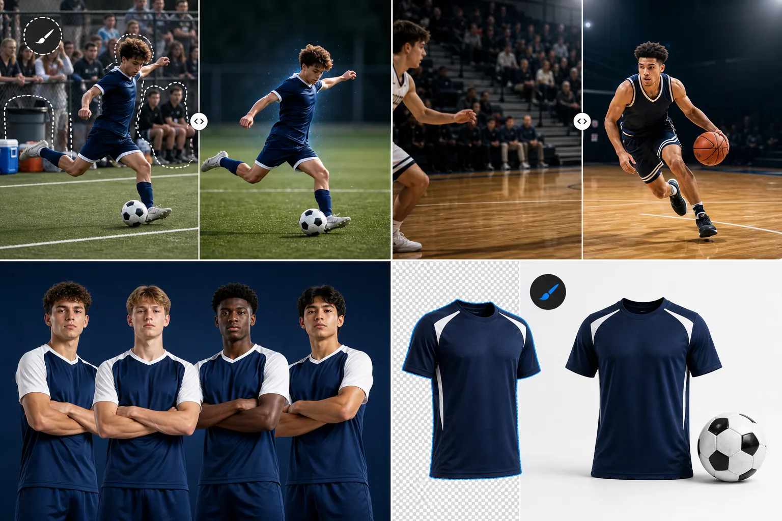 AI sports photo editing workflow removing sideline clutter, enhancing action shots, standardizing athlete portraits, and preparing merchandise images