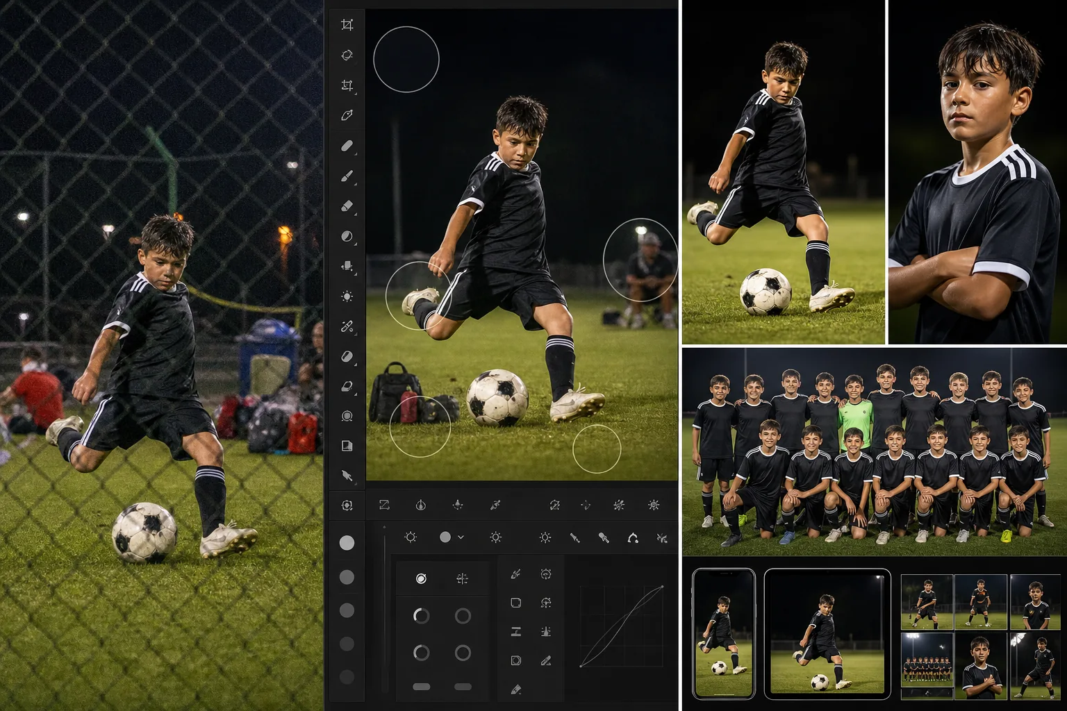 AI sports photography workflow removing fence obstructions, reducing high-ISO noise, and preparing clean action, team, and athlete photos