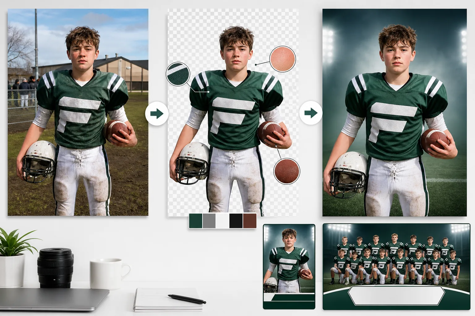 AI sports team photo workflow isolating an athlete from a cluttered field, normalizing uniform colors, sharpening equipment details, and creating roster card plus team program images