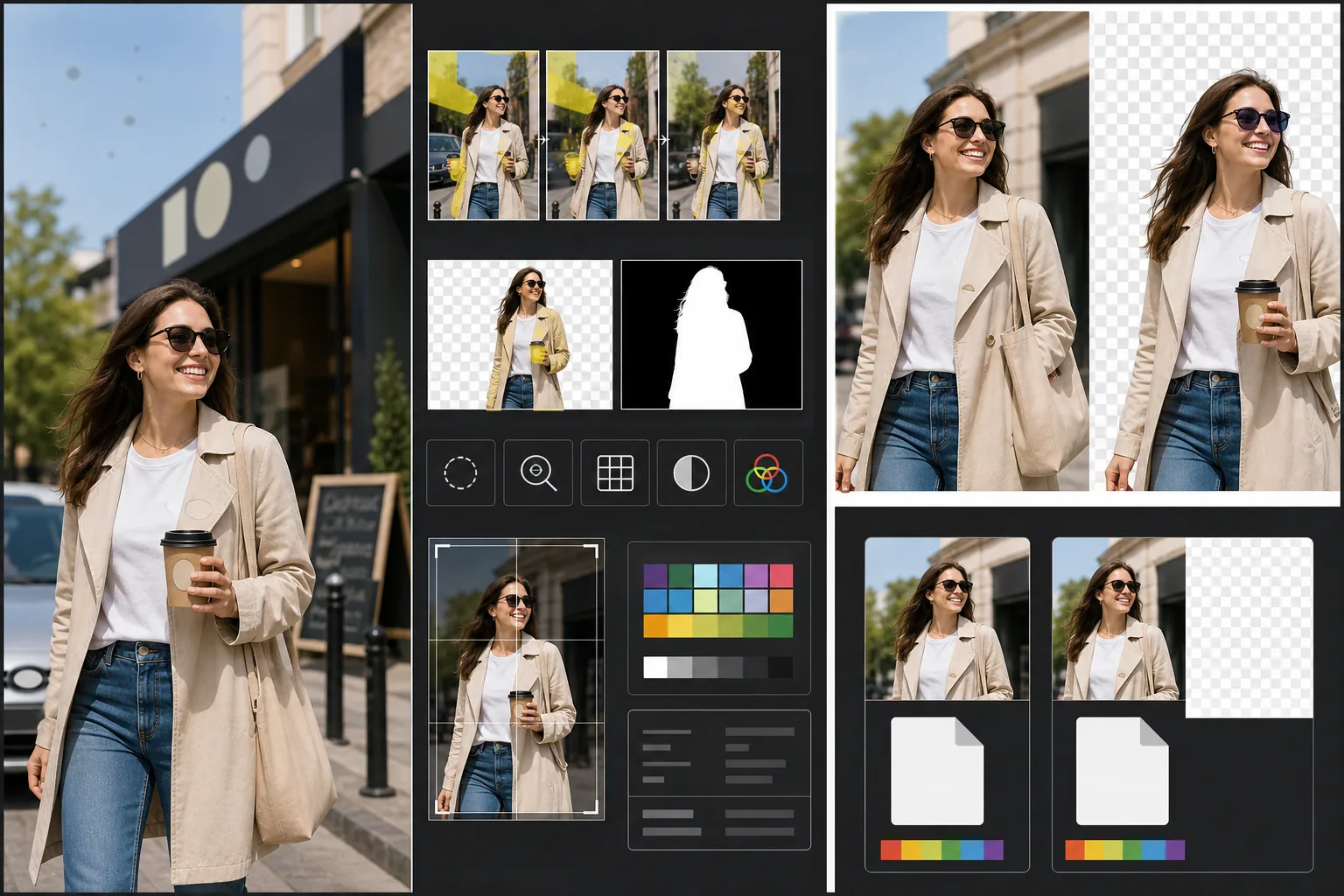 AI stock photo preparation workflow removing trademark-like marks, cleaning technical flaws, generating alpha masks, and exporting agency-ready photo files with metadata