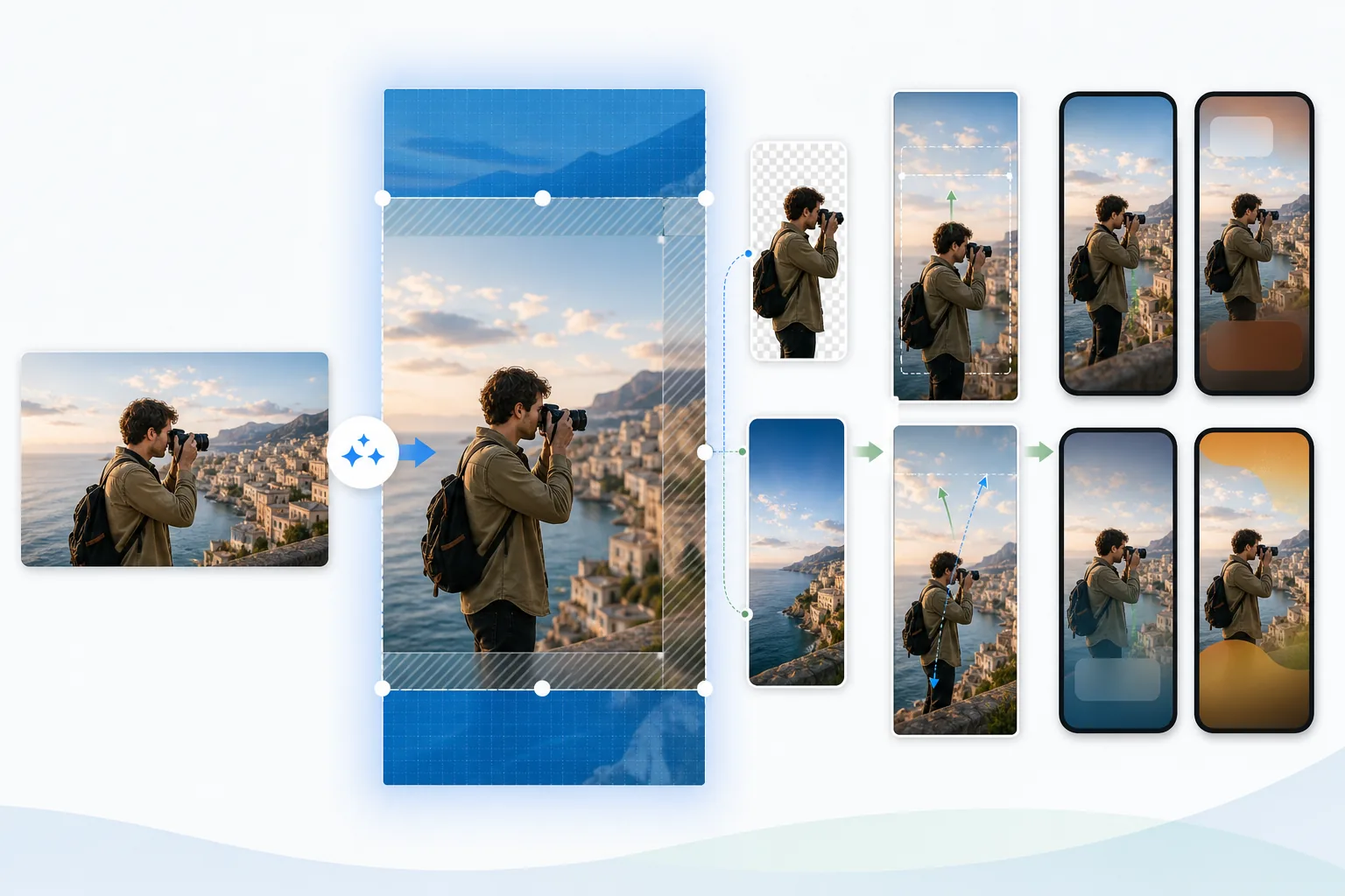 Stories and Reels editing workflow showing horizontal photo expansion into vertical safe-zone frames with layered motion-ready exports