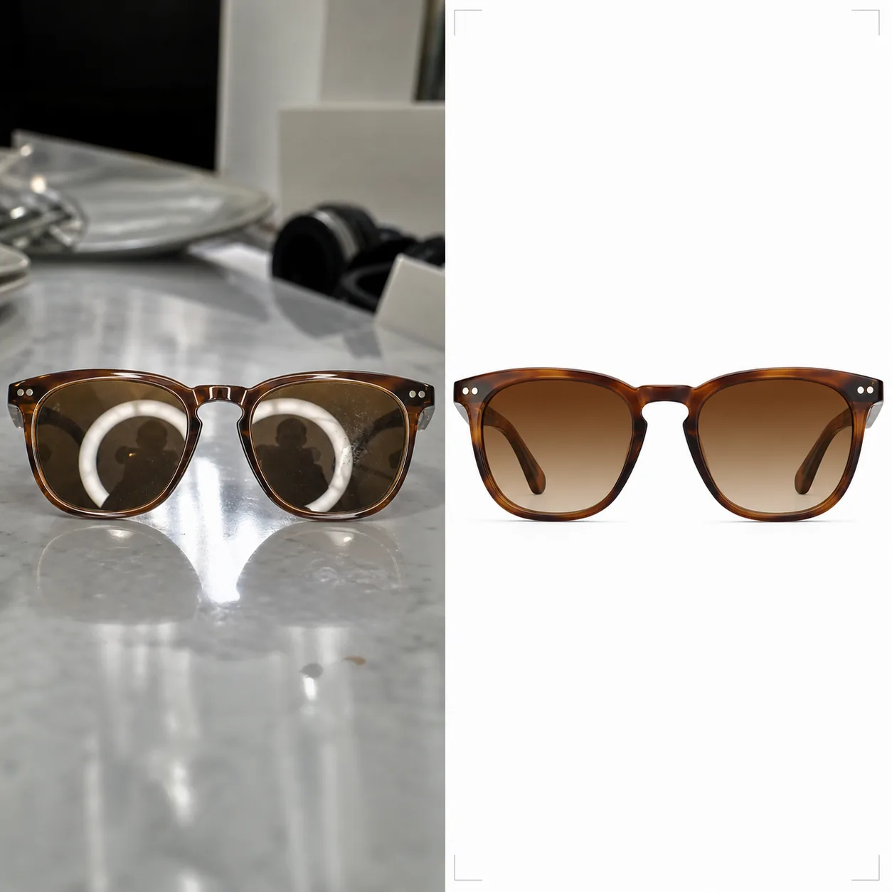 AI sunglasses product photo workflow removing lens reflections, correcting tint color, sharpening frame details, and preparing clean square marketplace images