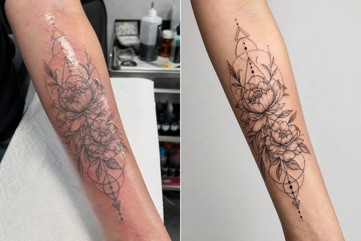 AI tattoo portfolio photo workflow reducing skin redness and ointment shine, sharpening fine ink lines, correcting tattoo colors, and removing studio clutter