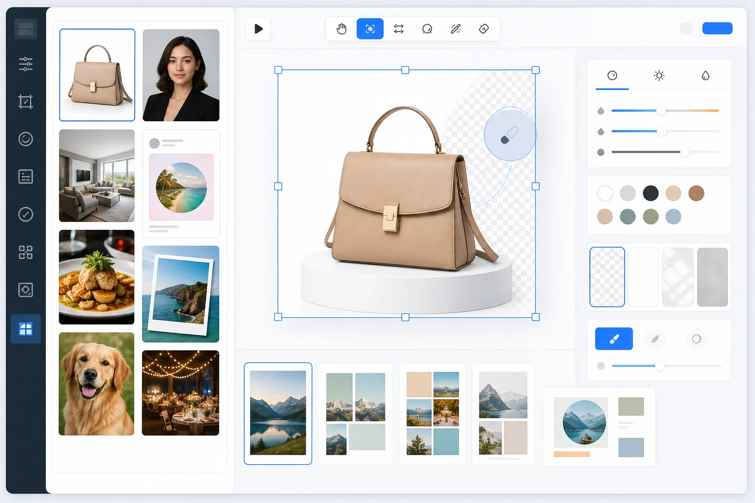 Photo editing template gallery for ecommerce, portraits, real estate, food, travel, pet, and event images