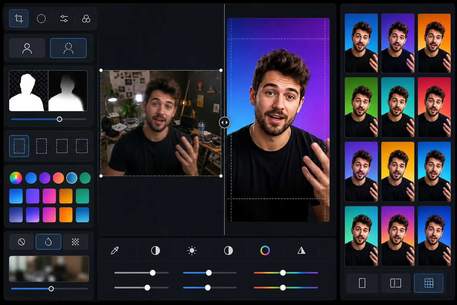 AI TikTok cover photo workflow removing a busy video-still background, reframing a creator into a 9:16 cover with upper-third face placement, boosting contrast and saturation, and previewing a cohesive profile grid