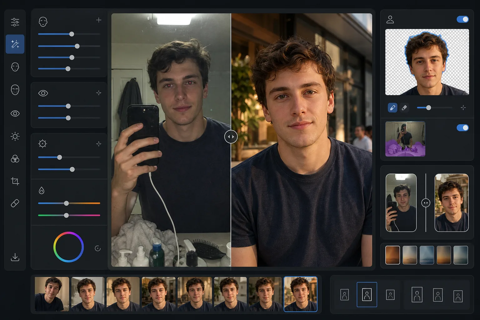 AI Tinder profile photo workflow naturally enhancing a portrait, correcting red-eye and harsh lighting, preserving skin texture, replacing a cluttered selfie background, and exporting mobile portrait previews