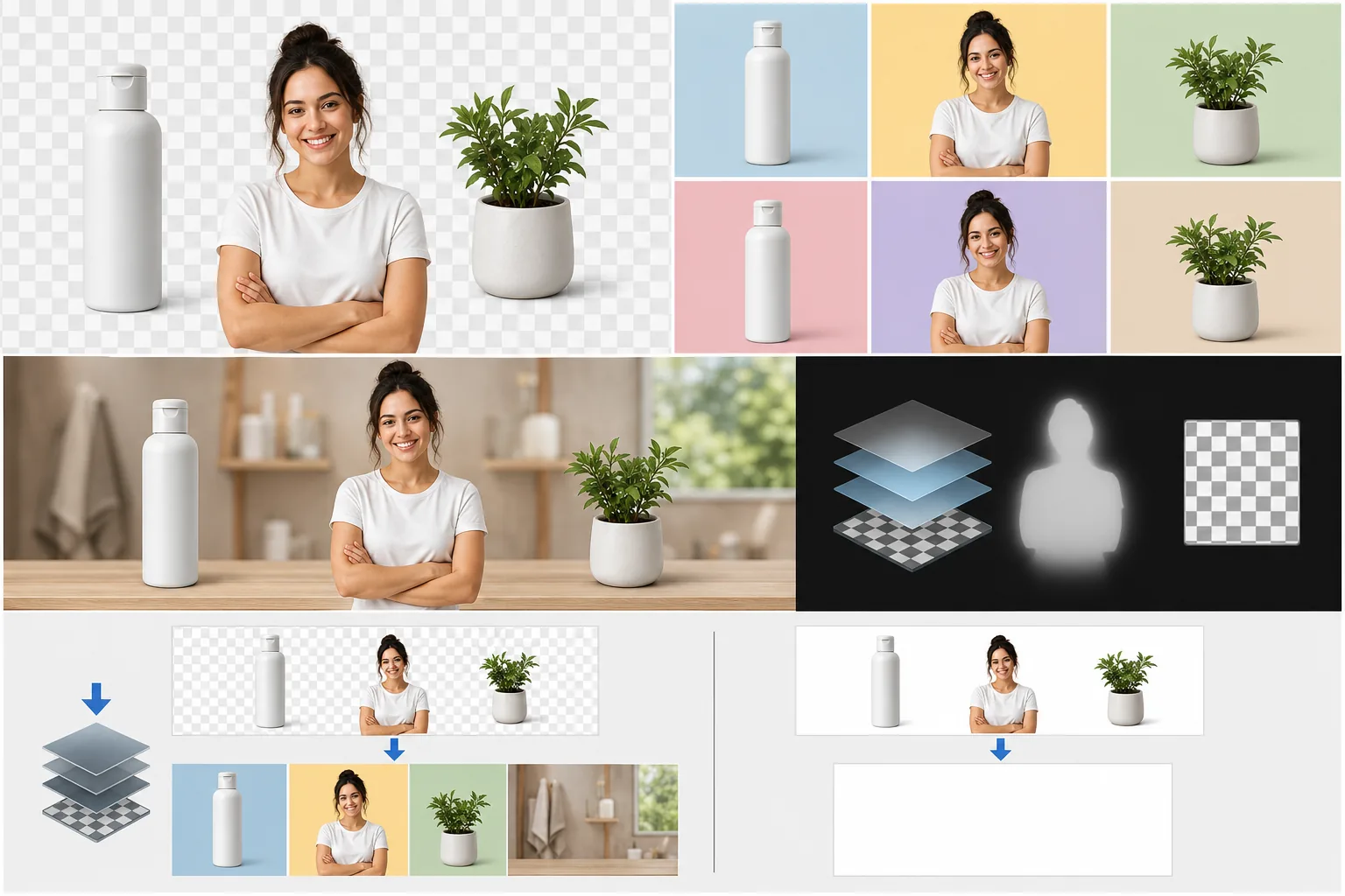 Transparent background workflow showing cutouts on checkerboard preview, colored backdrops, alpha-channel layers, and flattened white export contrast