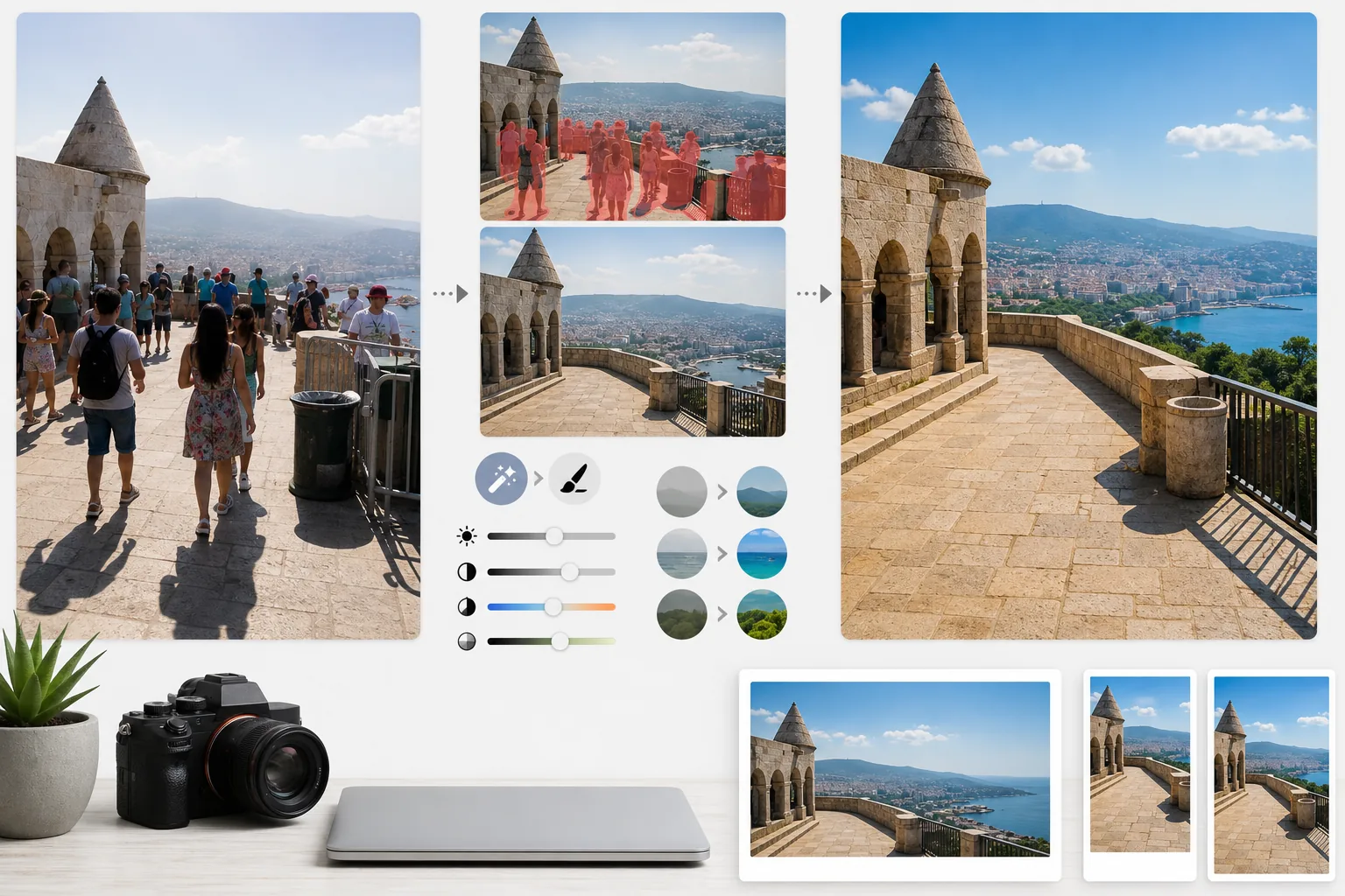 AI travel blog photo workflow removing tourists and clutter from a landmark, recovering exposure, reducing haze, boosting natural color, and preparing blog hero plus social crops