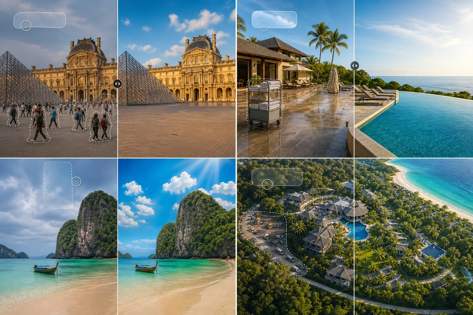 AI travel and hospitality photo editing workflow removing crowds, cleaning resort photos, enhancing scenery, and retouching aerial property images