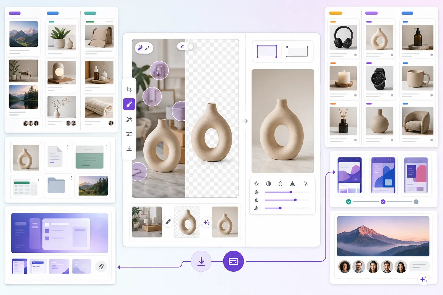AI Trello board image workflow creating polished card covers, cleaned attachments, enhanced product photos, consistent project visuals, and review-ready board imagery