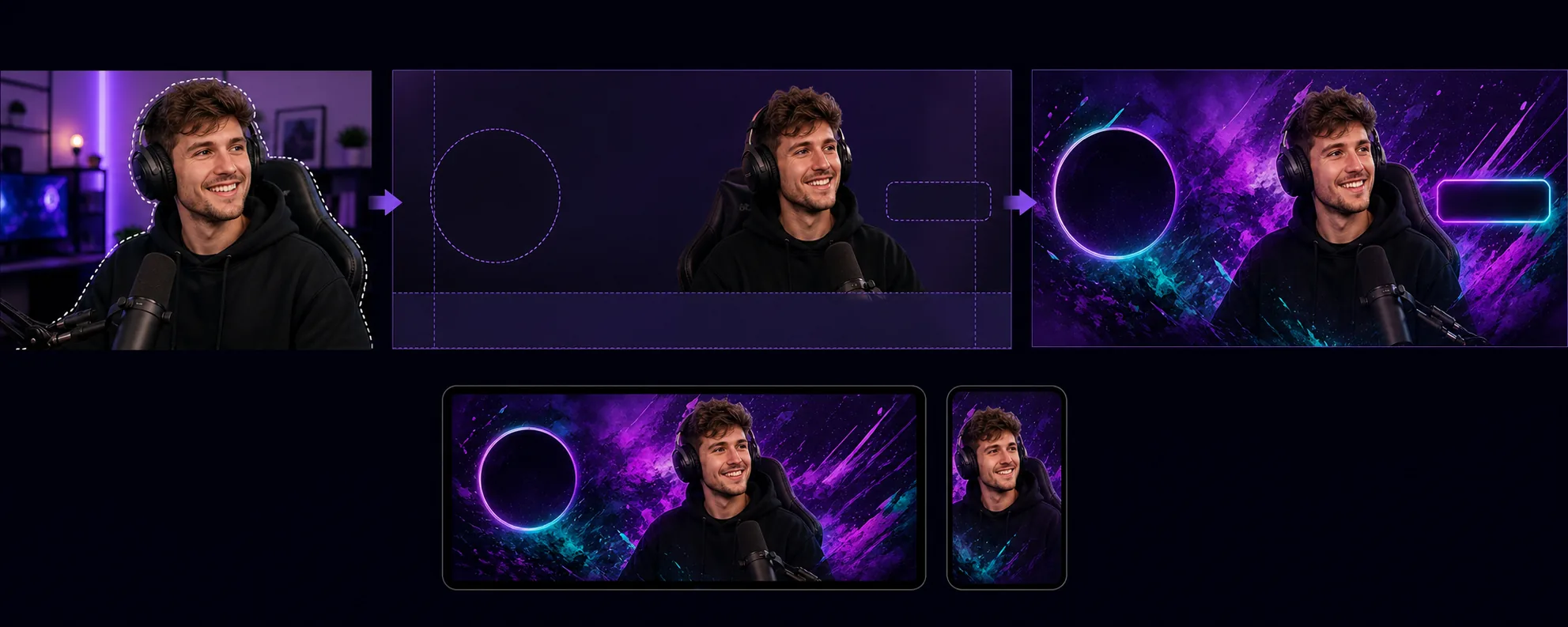 AI Twitch banner photo workflow isolating a streamer portrait, placing it in a wide channel header with safe-zone guides, gaming background, and desktop plus mobile previews