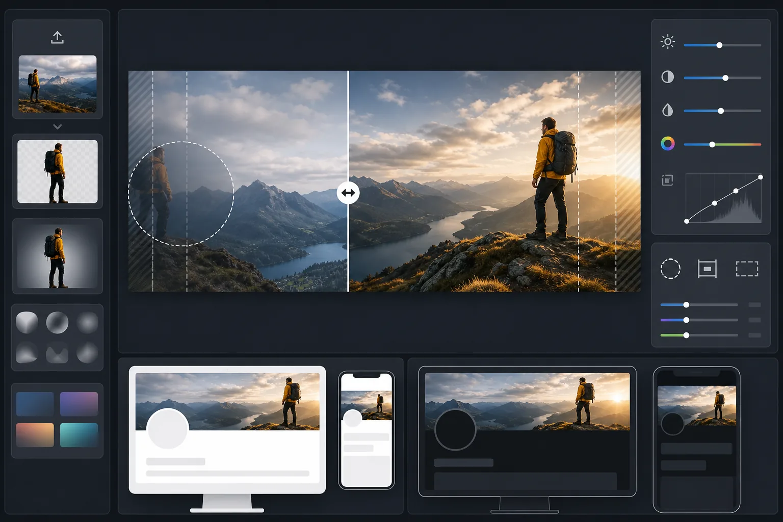 AI Twitter/X header photo workflow positioning key content outside the profile overlap zone, optimizing safe crops, blending banner edges, and previewing dark and light mode exports