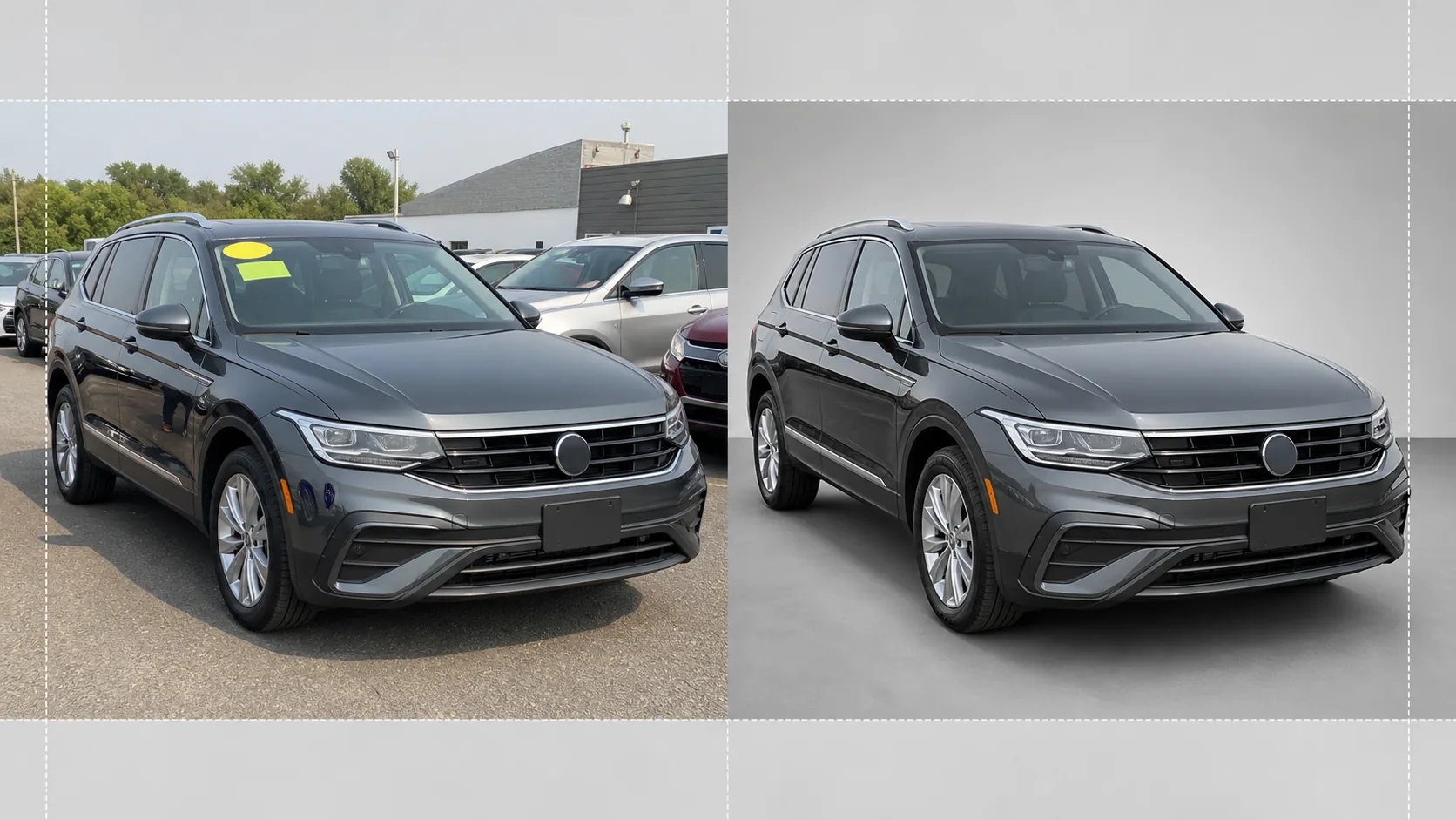 AI vehicle inventory photo workflow removing dealership lot backgrounds, cleaning windshield stickers and reflections, blanking license plates, and preparing studio-style listing images
