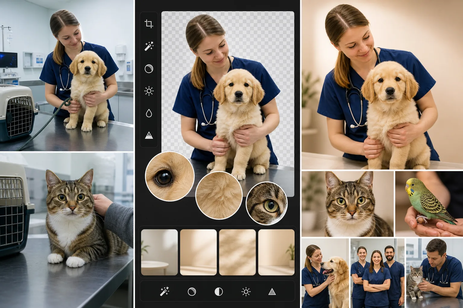 AI veterinary practice photo workflow removing clinical backgrounds, enhancing pet portraits, and preparing warm marketing images