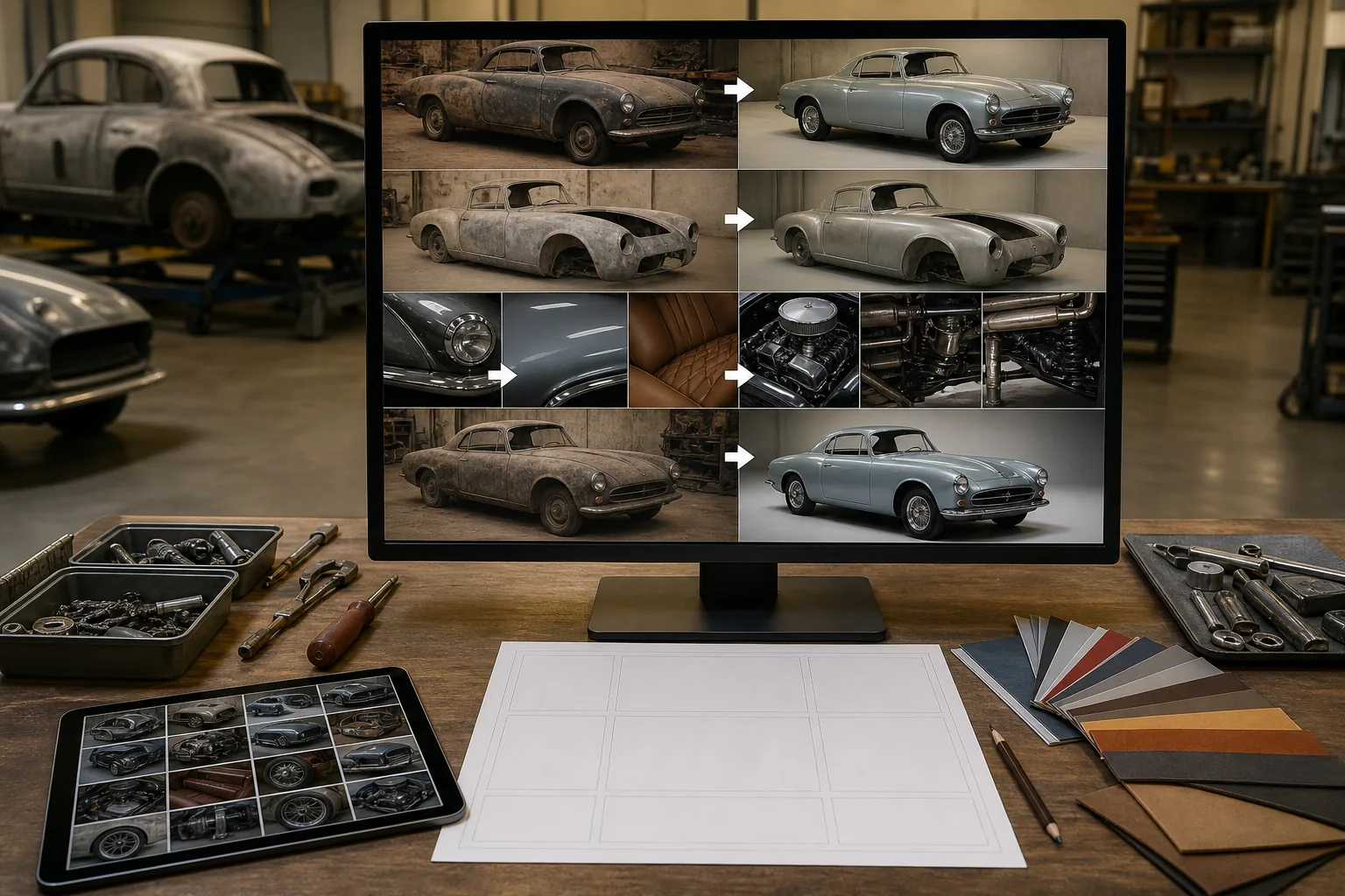 AI vintage car restoration documentation workflow enhancing progress photos, detail captures, and sale-ready vehicle images