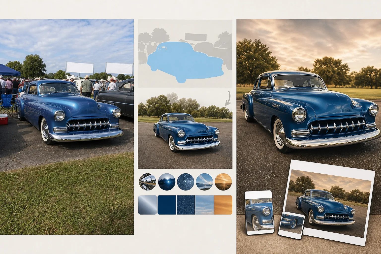 AI vintage car show photo workflow removing crowds and adjacent cars, reconstructing show grounds, enhancing chrome and glossy paint, and preparing classic car print images